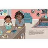 Child reading Maya Angelou book with adult at a cozy table of cookies and drinks