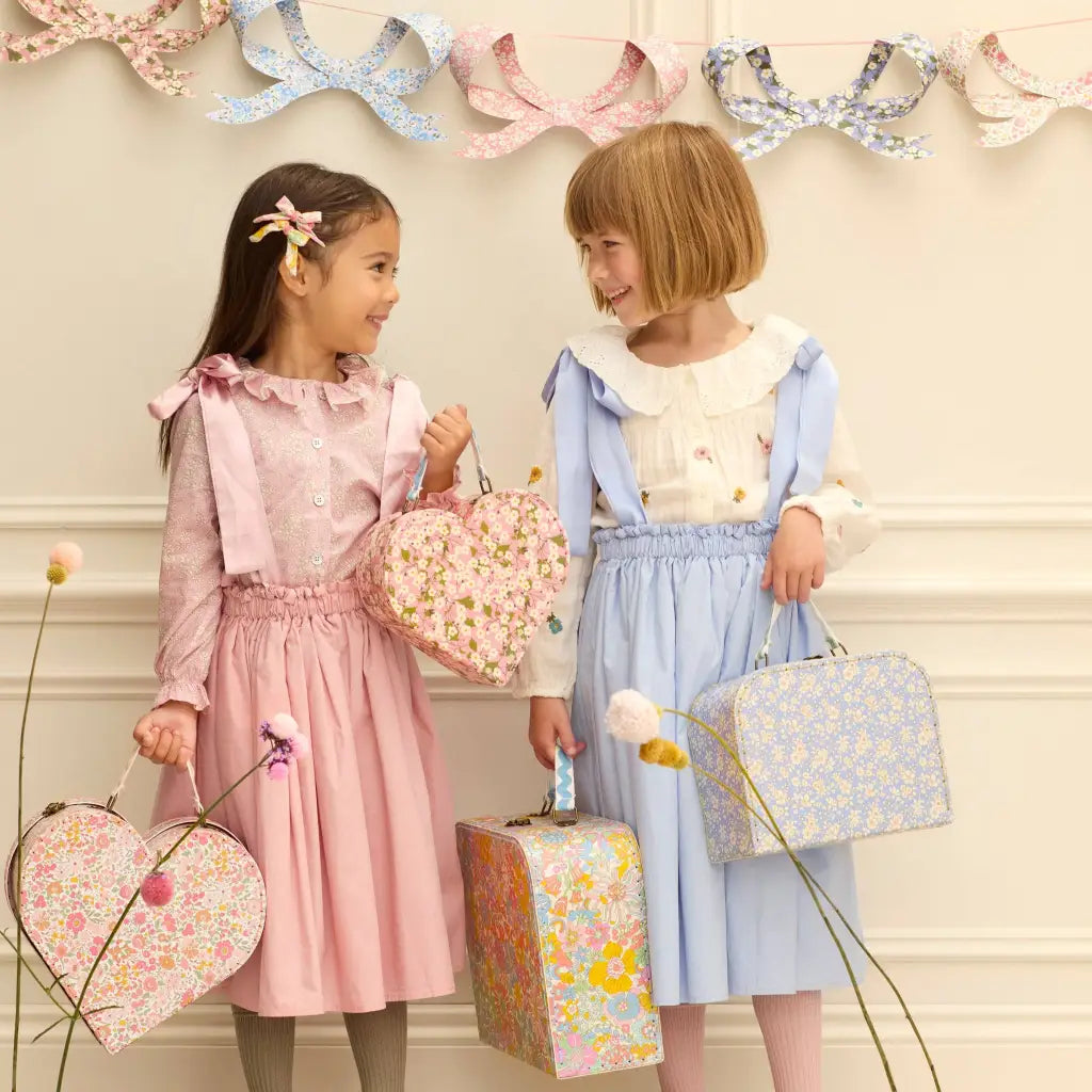 Floral pink white suitcase with heart handle, ricrac and cream stripes