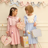 Floral pink white suitcase with heart handle, ricrac and cream stripes