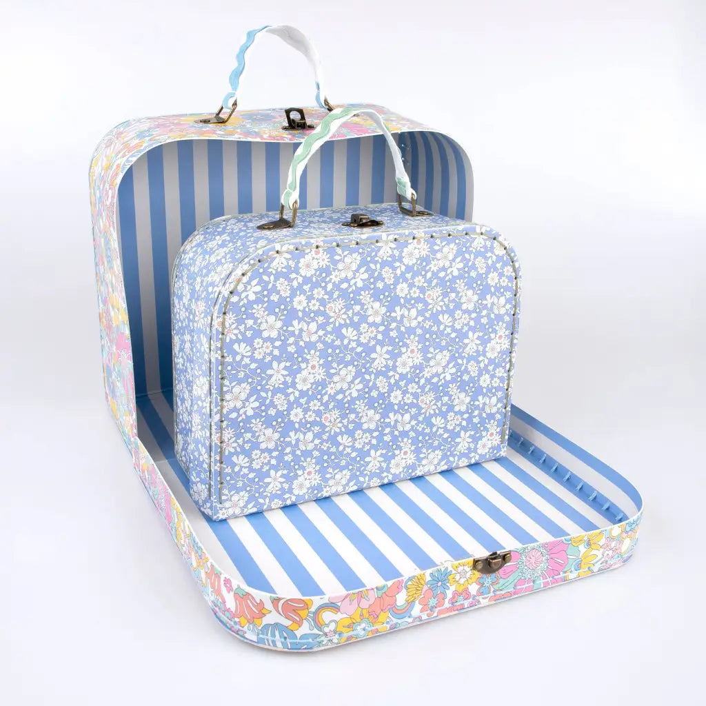 Vintage floral Meri Meri x Liberty suitcase with cream stripes and ricrac