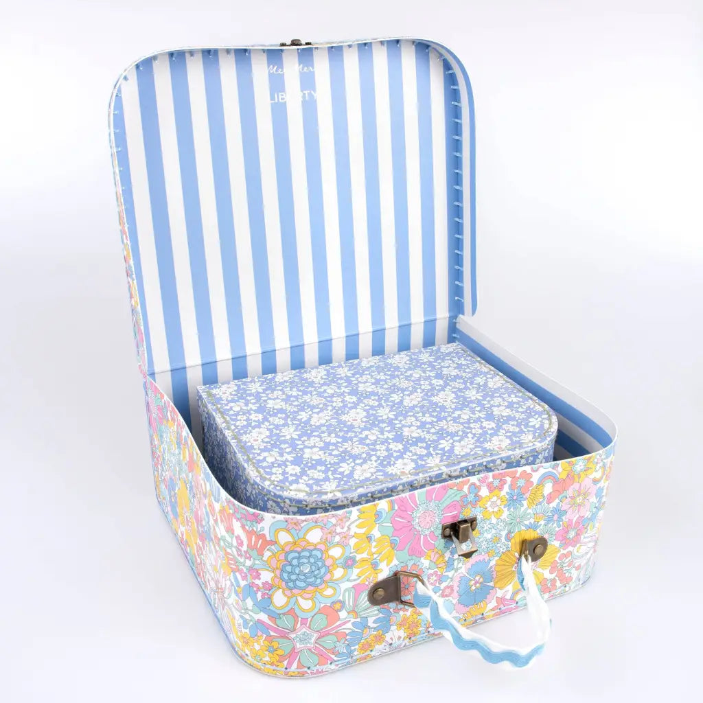 Vintage floral Meri Meri x Liberty suitcase with ricrac, cream stripes interior
