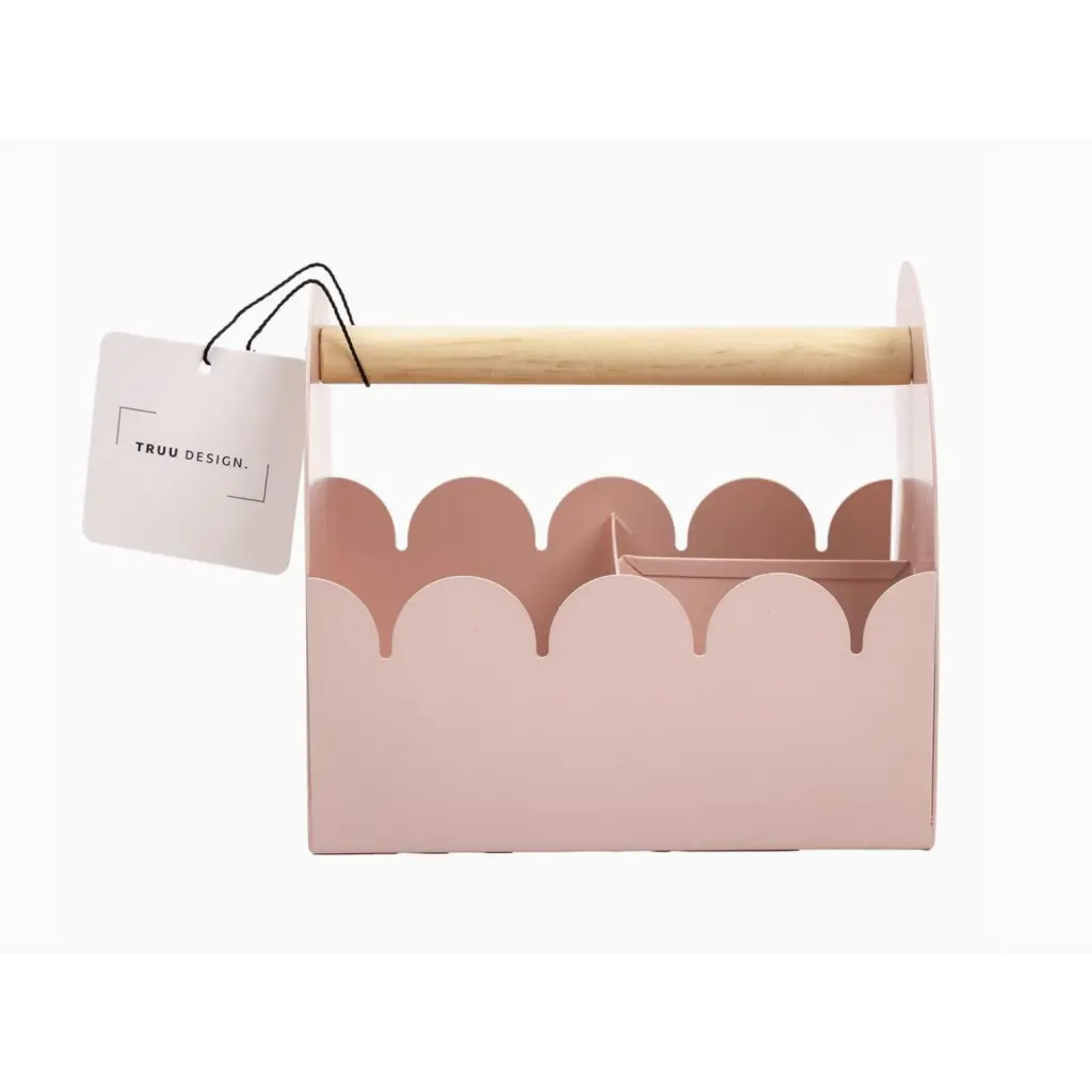Pink Metal Wiggle Edge Caddy with Wooden Handle for polished prints and stylish women’s clothes