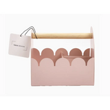 Pink Metal Wiggle Edge Caddy with Wooden Handle for polished prints and stylish women’s clothes