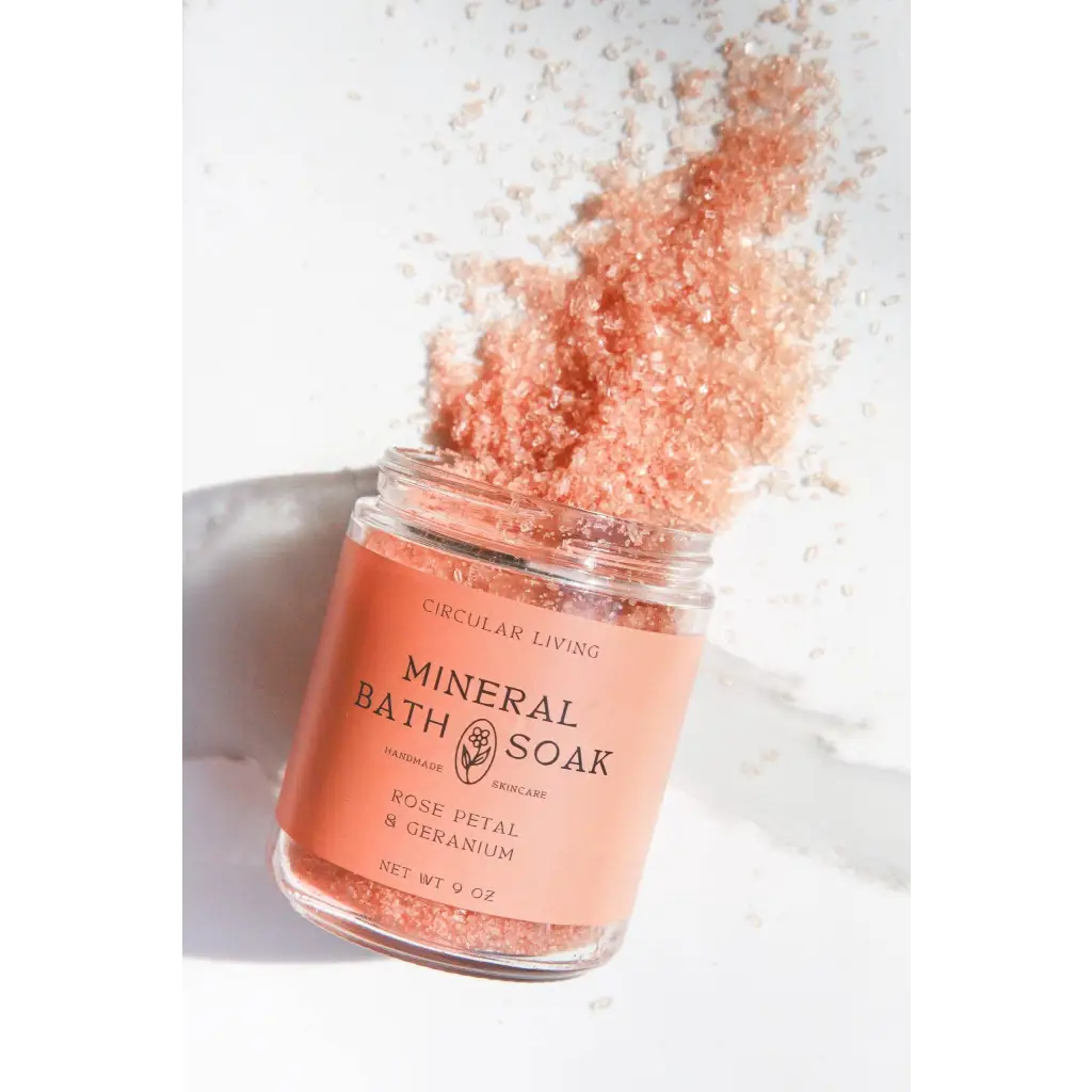 Peach mineral bath soak jar with rose petal and geranium scent
