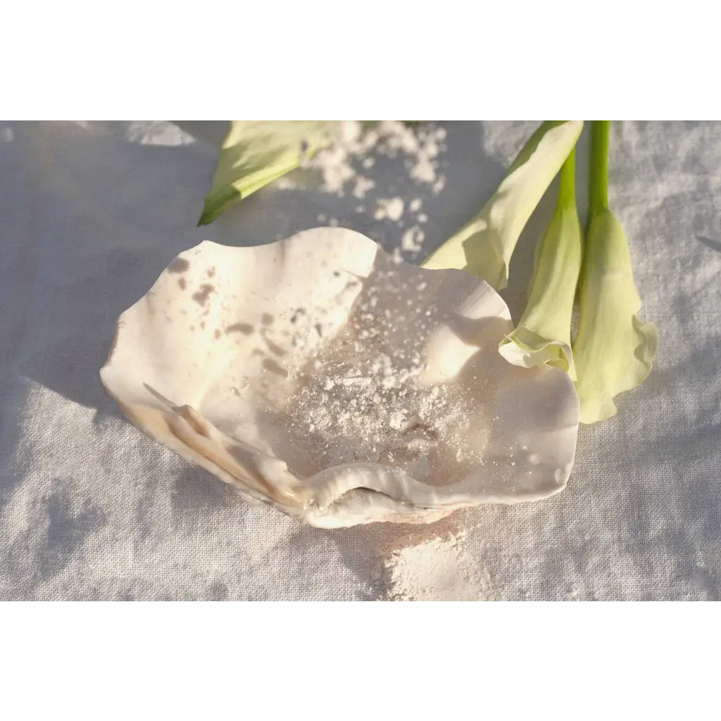 White seashell bowl with palo santo mineral milk soak powder and green leaf