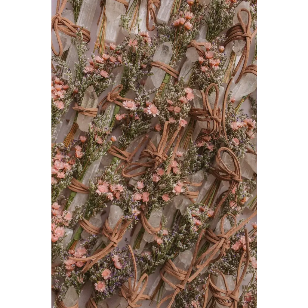 Mini bouquet crystal bundle with pink purple flowers and quartz
