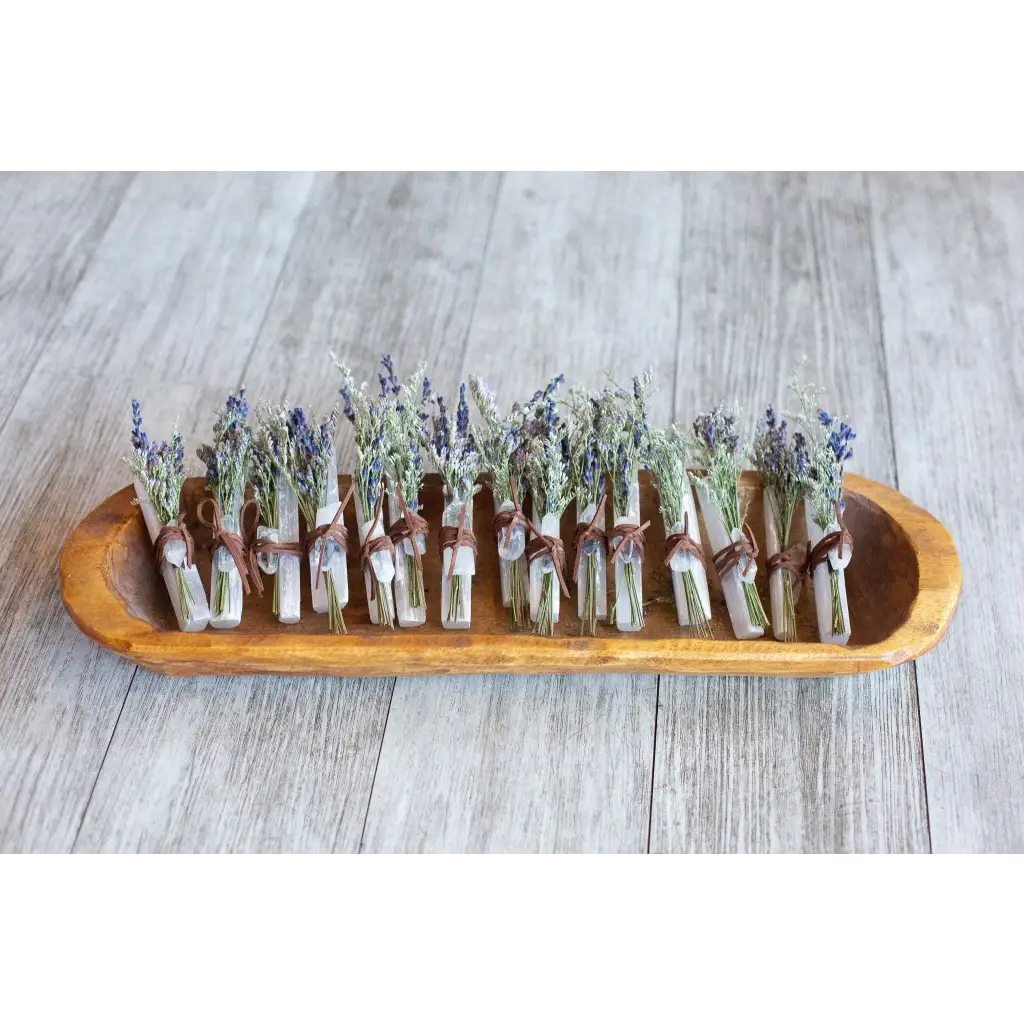 Mini bouquet crystal bundle with dried lavender on rustic tray