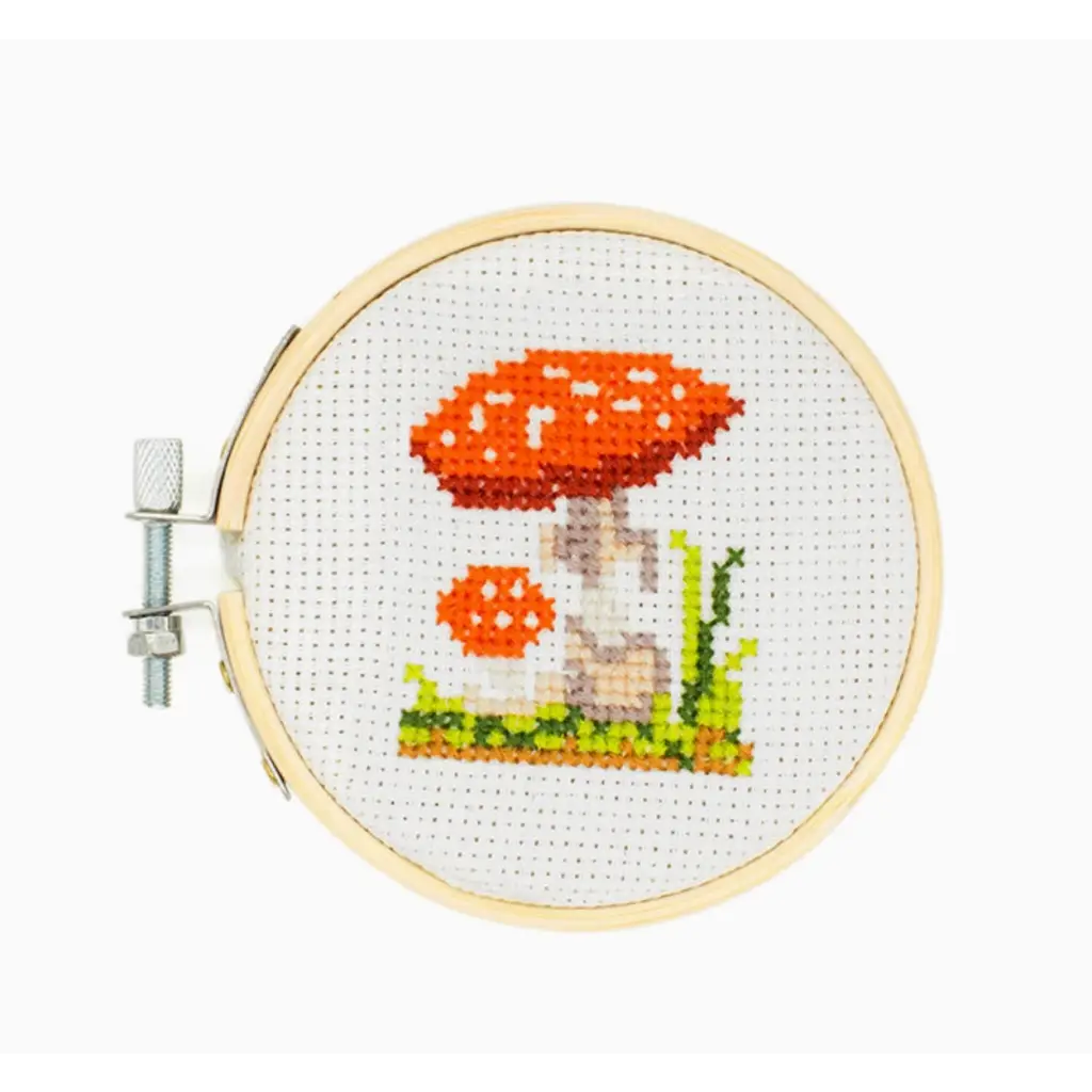 Mini Cross Stitch Embroidery Kit featuring a Mushroom Cross-Stitch design in an embroidery hoop
