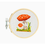 Mini Cross Stitch Embroidery Kit featuring a Mushroom Cross-Stitch design in an embroidery hoop