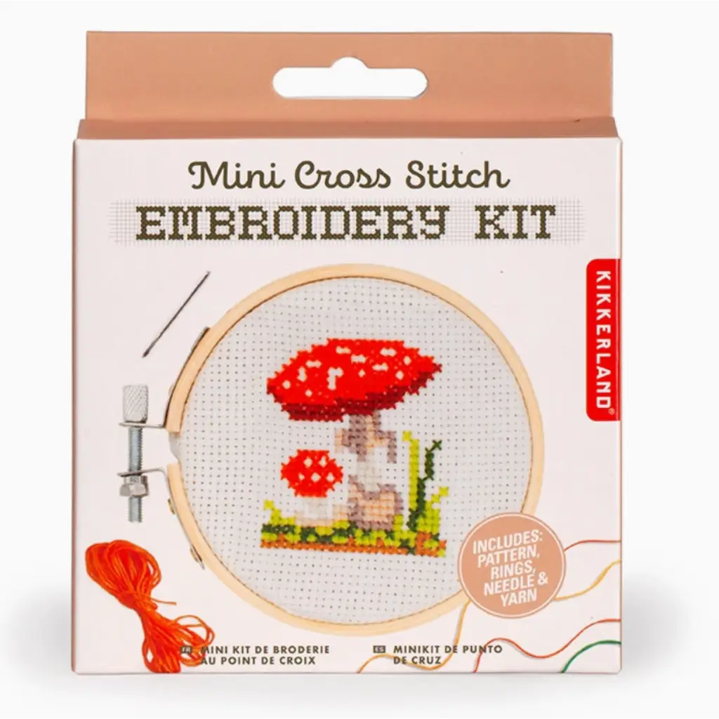 Mini cross stitch embroidery kit with rosey mushroom design, perfect for stylish womens clothes