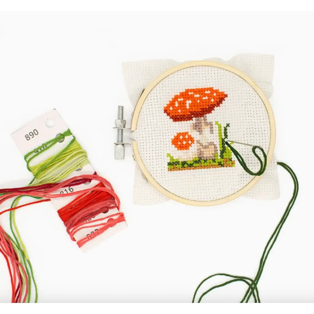 Mini Cross Stitch Embroidery Kit Rosey Mushroom with stylish womens clothes design