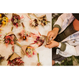 Mini dried flower bouquets in vibrant reds, pinks, yellows