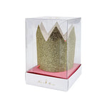 Mini Gold Glitter Crowns in clear plastic packaging with Mimi & Moe branding