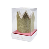 Mini Gold Glitter Crowns in clear plastic packaging with Mimi & Moe branding