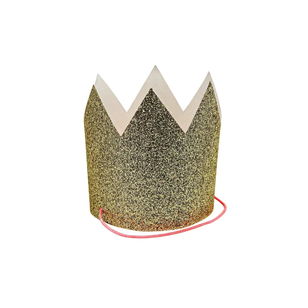 Mini gold glitter crown with white spikes and pink band