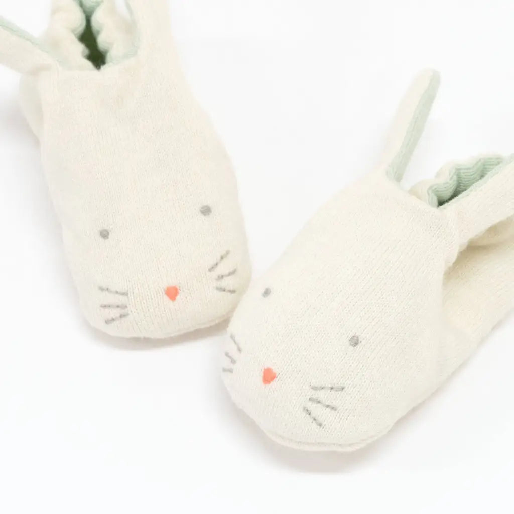 Cute cream bunny booties with green accents and polished prints for moms