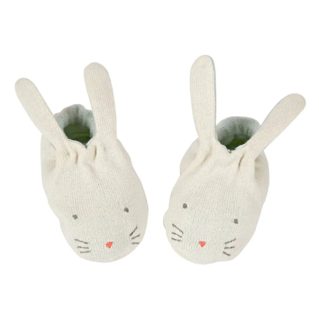 Adorable Mint Bunny Baby Booties with pink heart ears and green soles