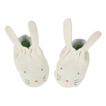 Adorable Mint Bunny Baby Booties with pink heart ears and green soles