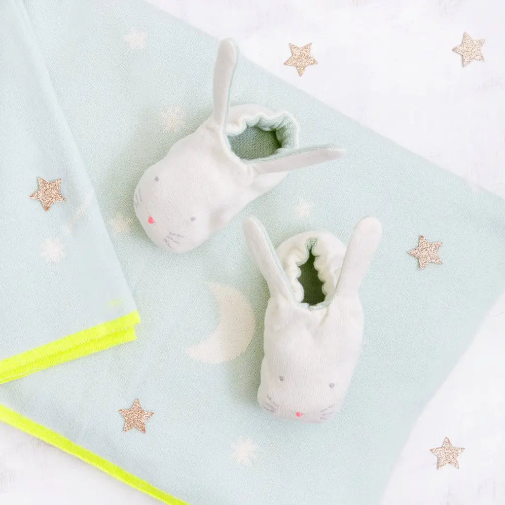 Cute Mint Bunny baby booties with white plush, pink nose, black eyes