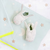 Cute Mint Bunny baby booties with white plush, pink nose, black eyes