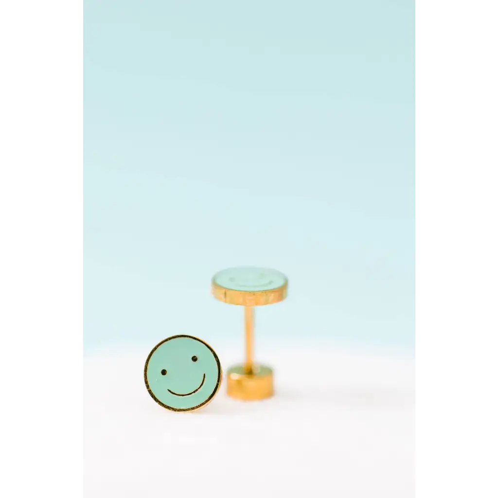 Cute gold mint green smiley face stud earrings with hypoallergenic flat screw-on backs