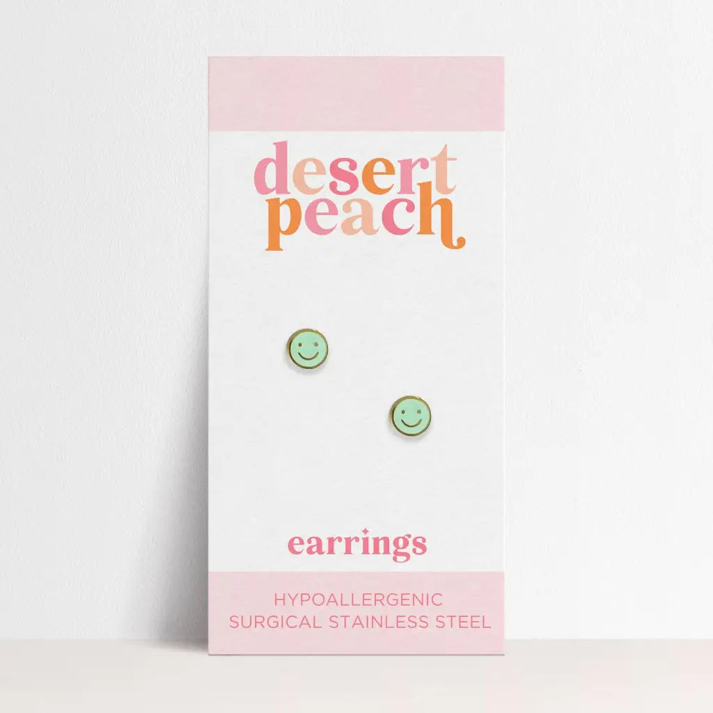 Mint Smiley Stud Earrings with green pink smiley faces, hypoallergenic for sensitive ears