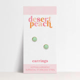 Mint Smiley Stud Earrings with green pink smiley faces, hypoallergenic for sensitive ears