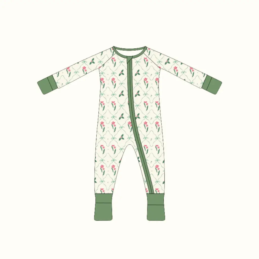 Soft cream bamboo baby sleeper with pink flowers and sage trim