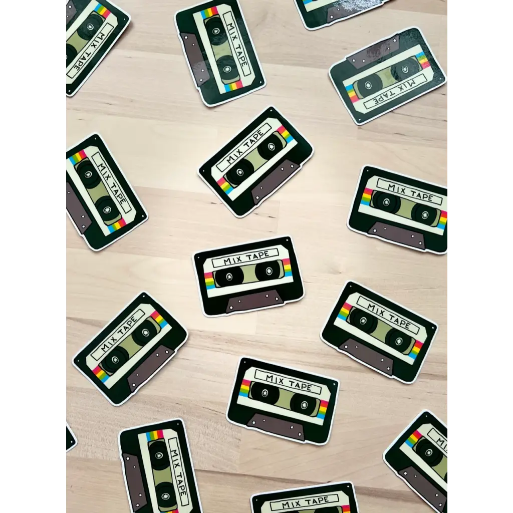 Scattered mix tape stickers on polished prints perfect for stylish womens clothes and moms