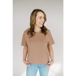 Brown Mom Crop Boxy Tee styled with light blue jeans for a chill day out