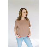 Brown Mom Crop Boxy Tee styled with light blue jeans for a casual look