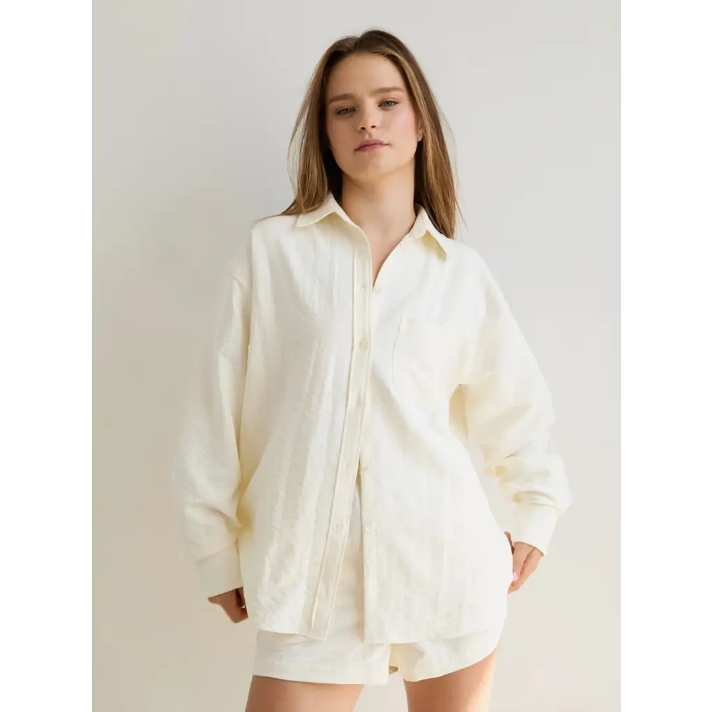 Cream-colored oversized Monica Button Up Shirt and shorts set for stylish moms