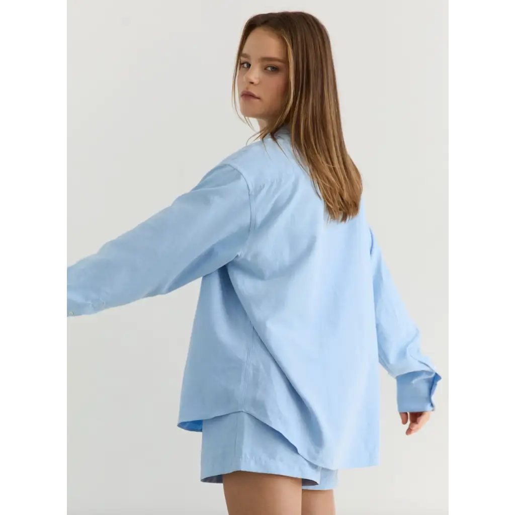 Light blue pajama set featuring the Monica Sky Blue Button Up Shirt, perfect stylish womens clothes