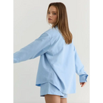 Light blue pajama set featuring the Monica Sky Blue Button Up Shirt, perfect stylish womens clothes