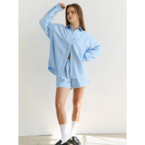 Light blue Monica Sky Blue Button Up Shirt and shorts set perfect for stylish moms