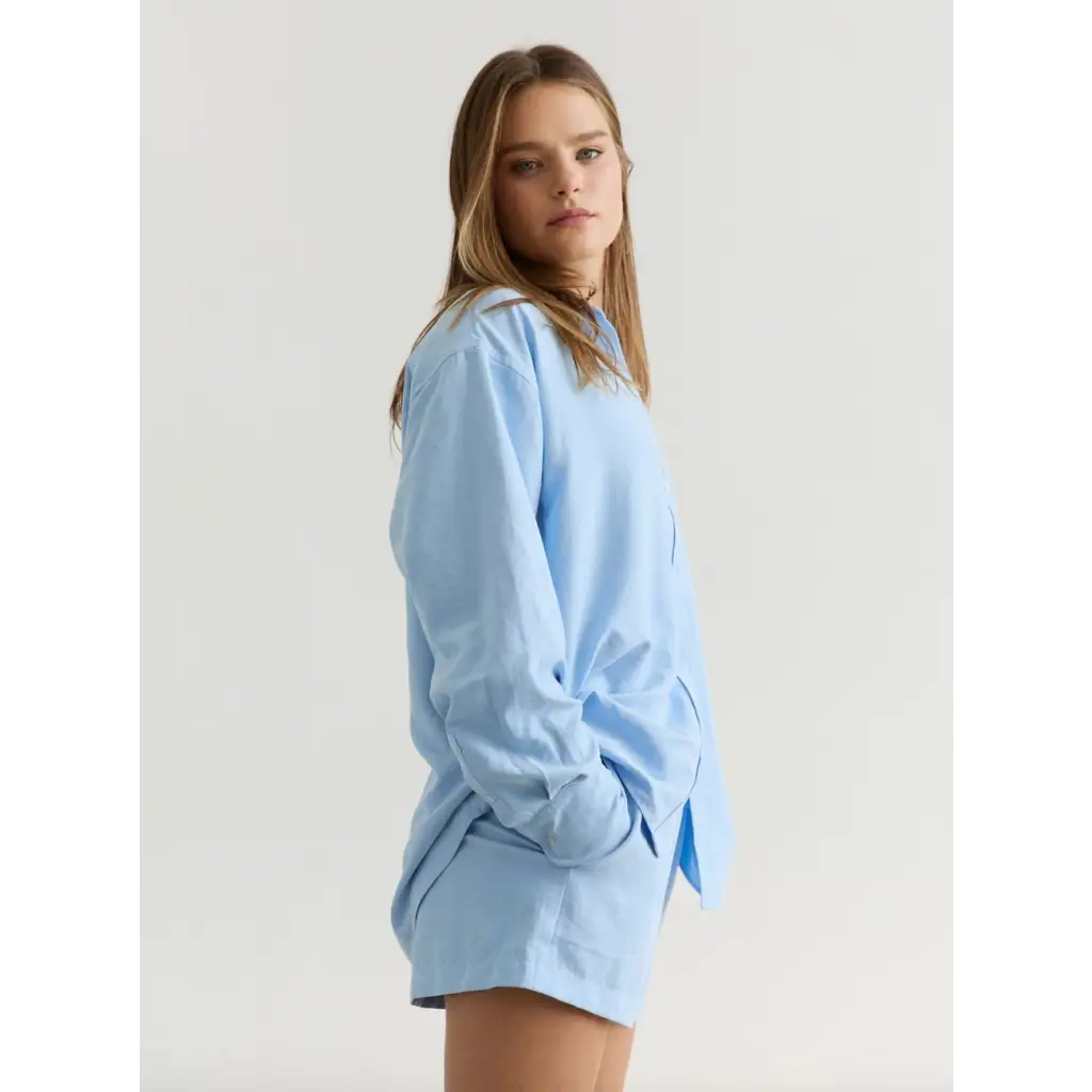 Light blue Monica Sky Blue Button Up Shirt and shorts set for stylish moms