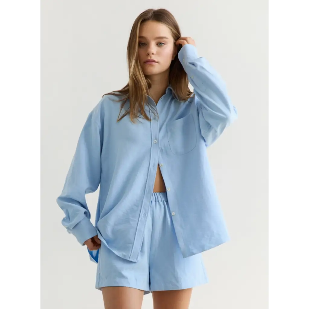 Light blue Monica Sky Blue Button Up Shirt and shorts set for stylish womens clothes