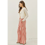 Woman wearing Morocco Stripe Wide-Leg Pants with elastic waistband and polished prints