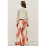Woman in cozy white knit sweater and Morocco Stripe Wide-Leg Pants with elastic waistband