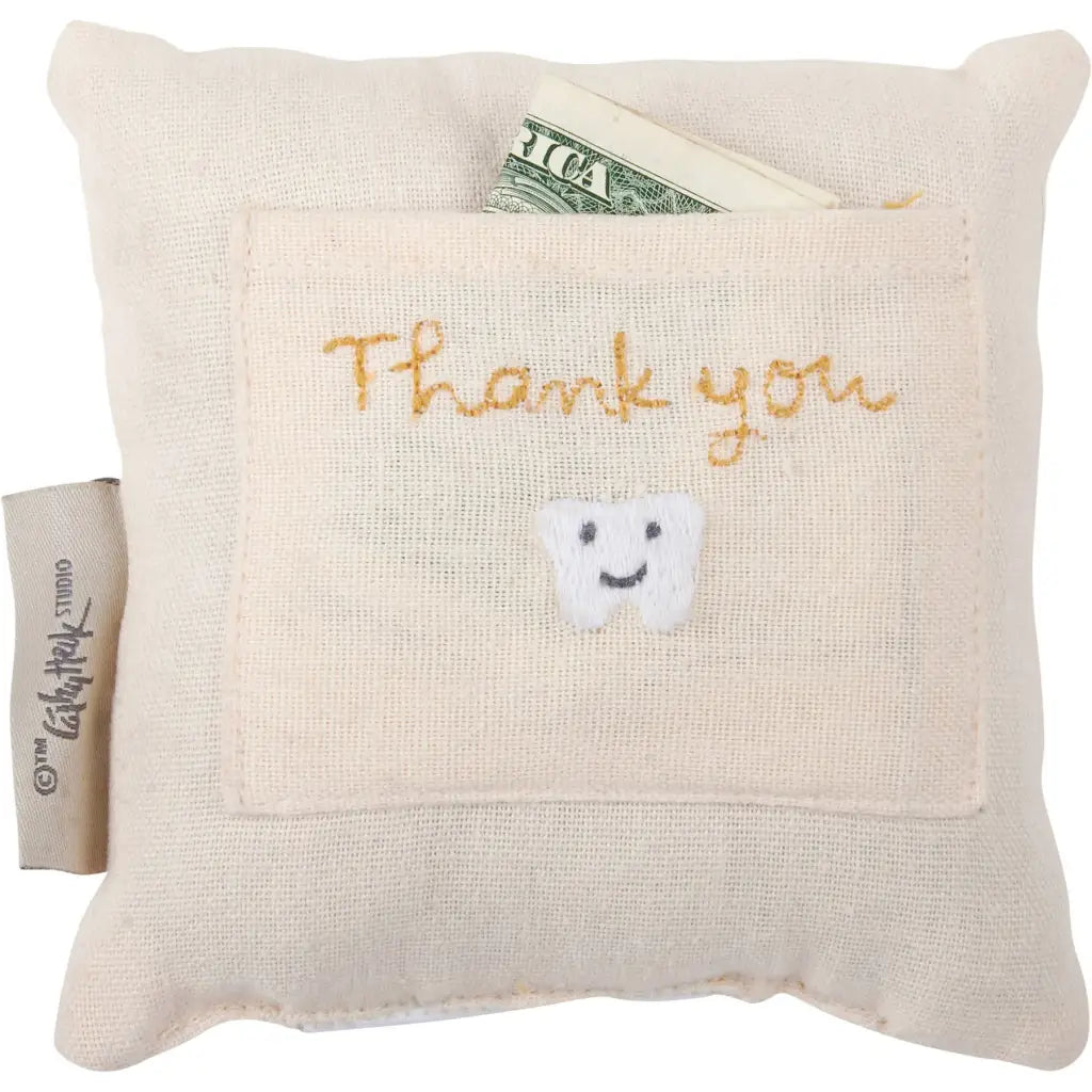 Cream linen babee tooth fairy pillow with gold thank you embroidery