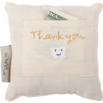 Cream linen babee tooth fairy pillow with gold thank you embroidery