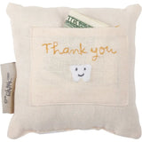 Cream linen babee tooth fairy pillow with gold thank you embroidery