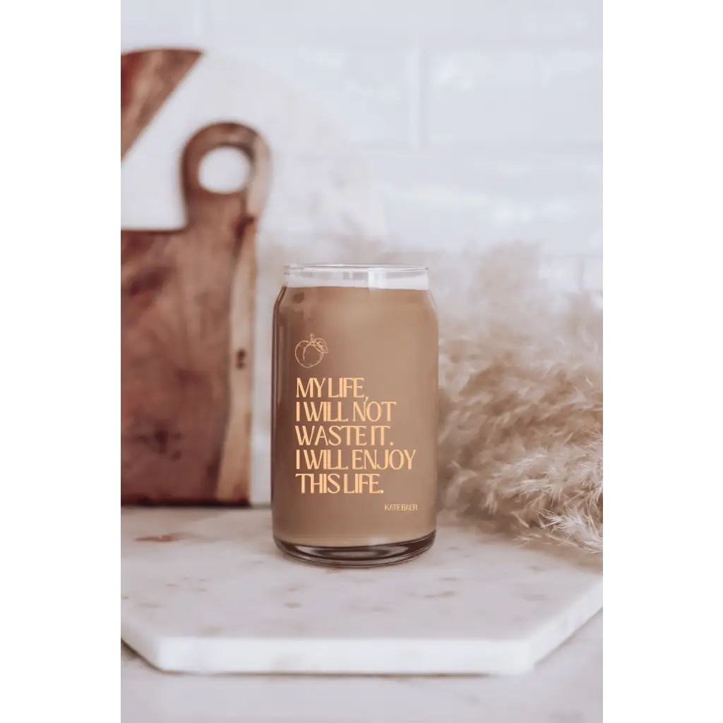 Caramel-colored glass tumbler with gold leaf design and inspirational quote, favorite juice glass, holds 16oz