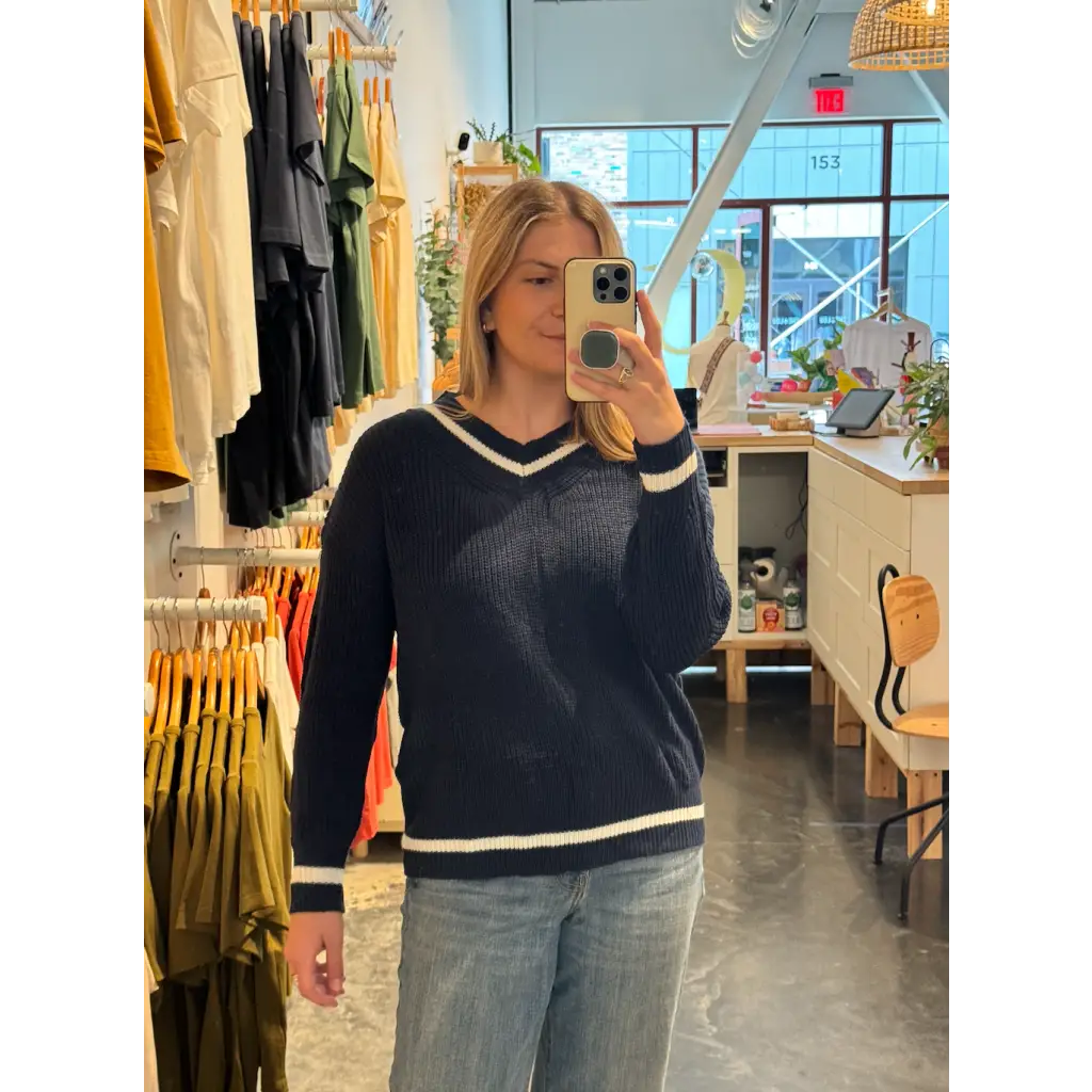 Navy Blue Knit V-Neck Sweater with White Stripes - 170