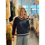 Navy Blue Knit V-Neck Sweater with White Stripes - 170