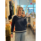 Navy Blue Knit V-Neck Sweater with White Stripes - 170