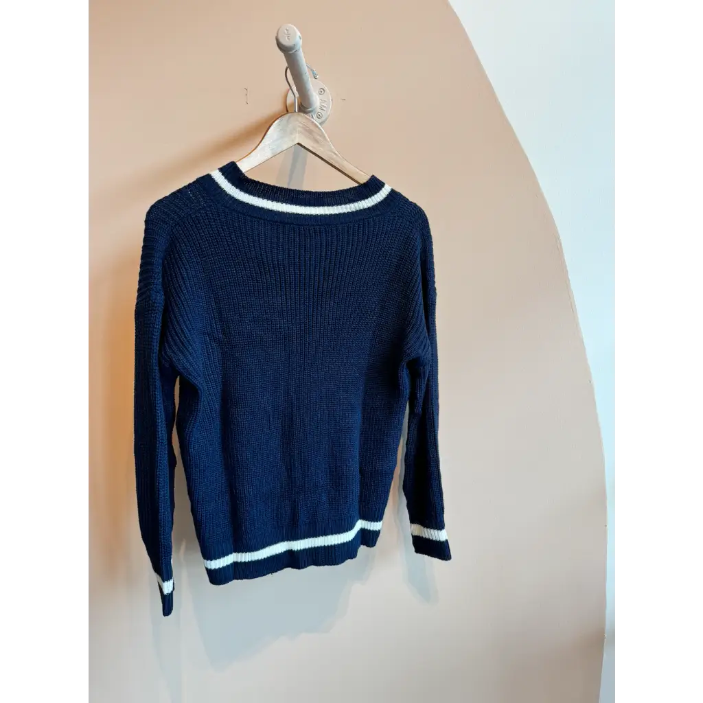 Navy Blue Knit V-Neck Sweater with White Stripes - 170