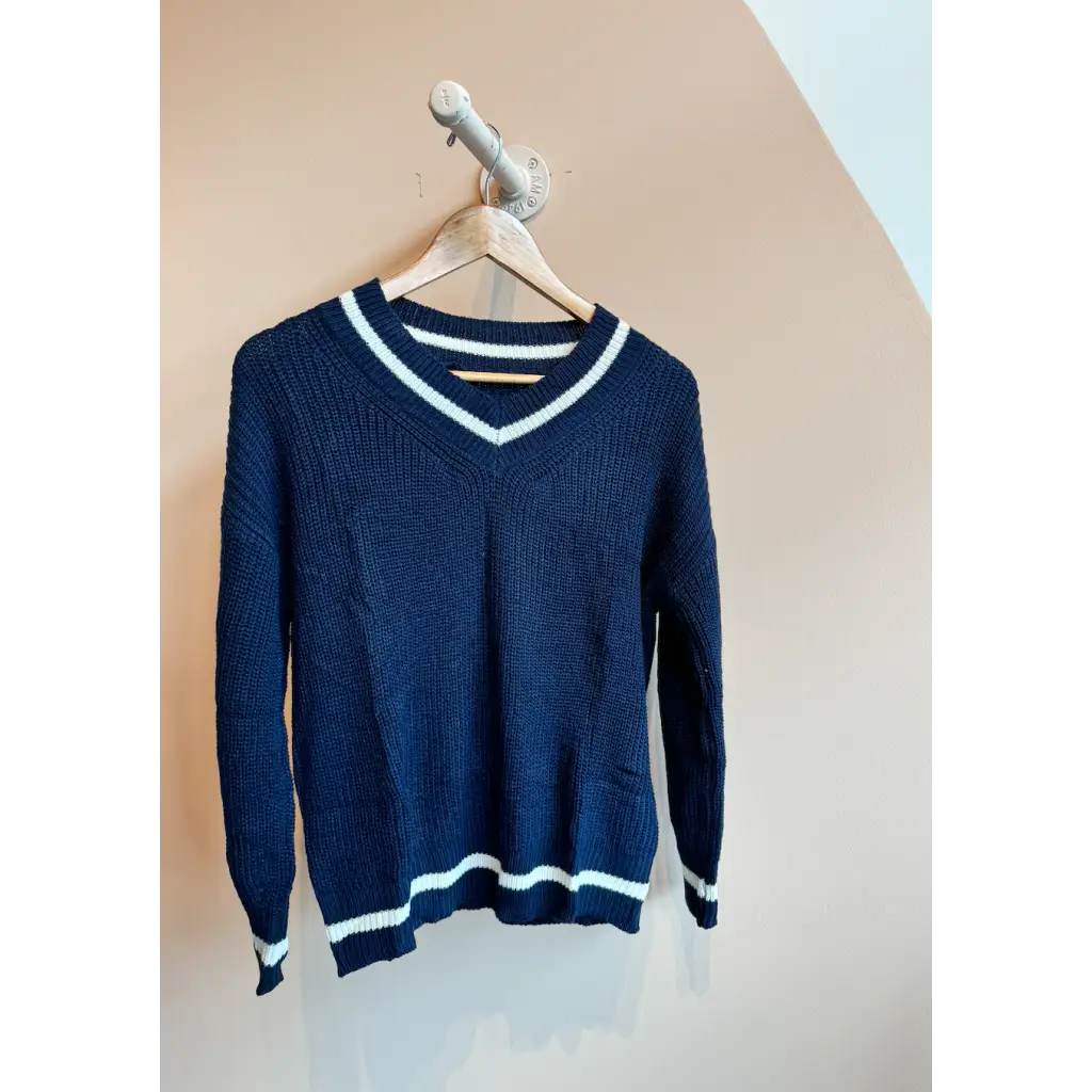 Navy Blue Knit V-Neck Sweater with White Stripes - 170