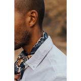 Floral Silk Scarf 22x22 inches with yellow flowers and navy accents styled with a collared shirt