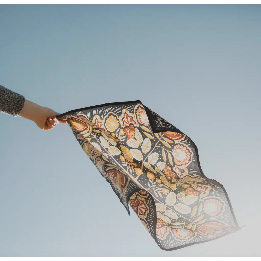 Floral Silk Scarf 22x22 inches showcasing yellow flowers and navy accents against light